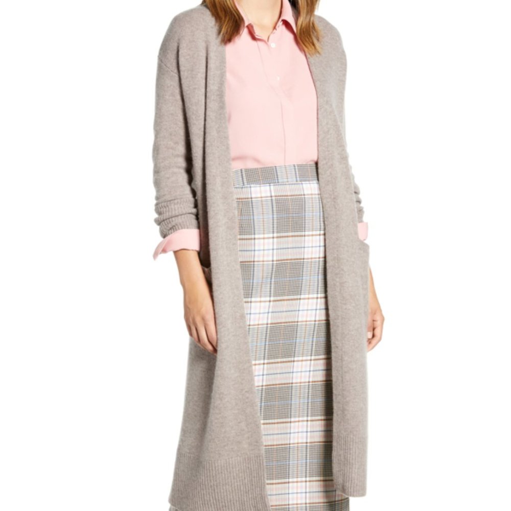 HALOGEN Wool & Cashmere Long Cardigan In Heather Tan Cobblestone